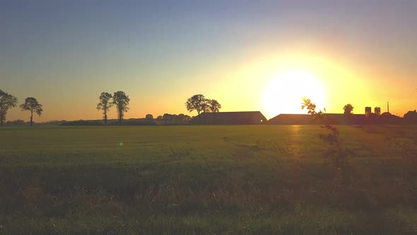 Aerial Cinematic Clip Drone Flying Over a Farm Field During Sunset