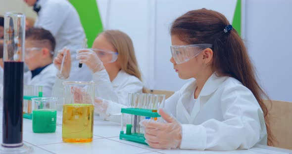 Group of Kids Making Experiments in Chemistry Class