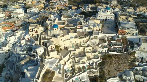 Aerial View Flying Over City of Oia on Santorini Greece