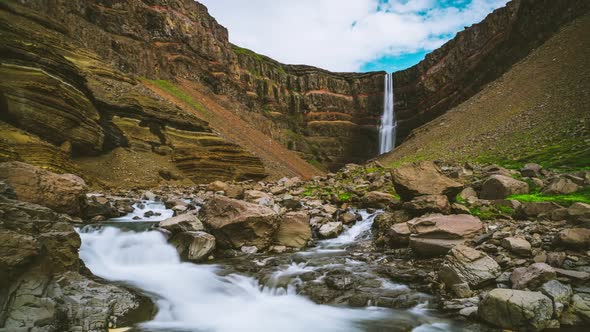 Time Lapse Footage of Beautiful Hengifoss Waterfall in Eastern Iceland