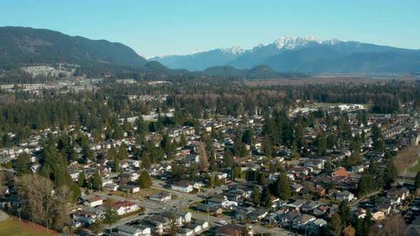 Aerial view over a suburban neighbourhood in Greater Vancouver, BC.