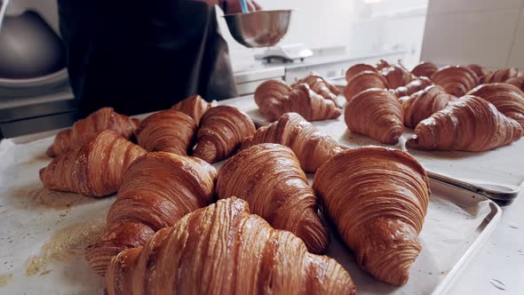 Baker Greases Freshly Baked French Croissants with Ghee at Bakery