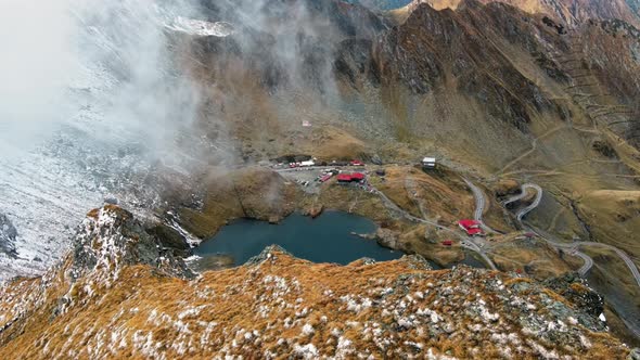 Aerial drone view of nature in Romania. Transfagarasan route in Carpathian mountains