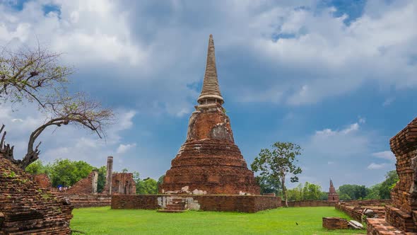 Time-lapse of Ruins of Wat Mahathat temple in Ayutthaya historical park, Thailand