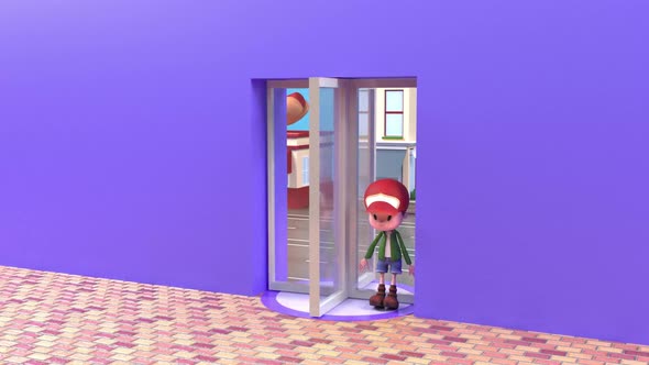 3D revolving door with standing position small cute little boy.