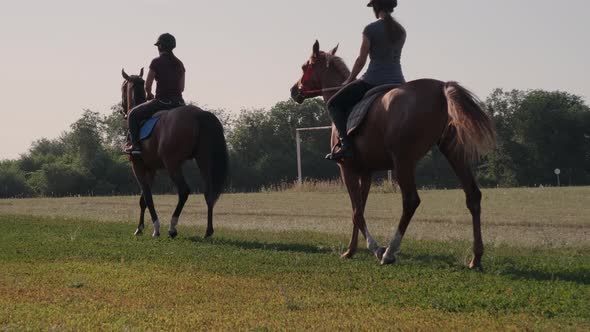 Two Sportswomen Are Riding Horses Along a Field
