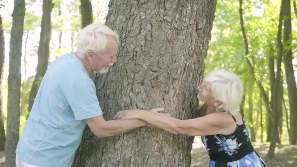 Cute Joy Mature Couple in Love Hugging the Thick Tree Touching Each Other's Hands
