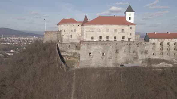 Aerial View From a Drone to Palanok Castle in Mukachevo