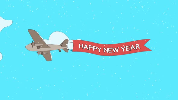 Airplane is passing through the clouds with Happy New Year banner - Loop