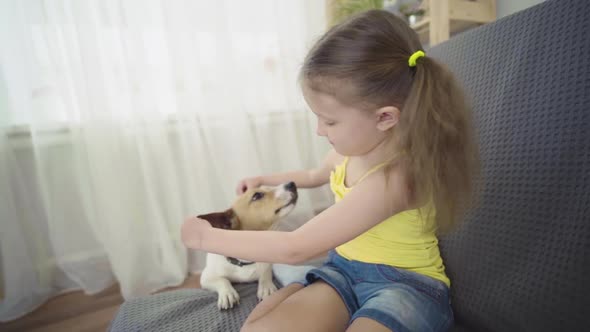 Little Girl Child Playing With Dog Jack Russell Terrier At Home In Room