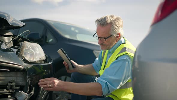 Mature male loss adjuster wearing hi-vis safety vest standing in compound for damaged cars