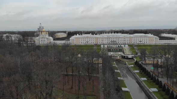 Aerial Drone Video of Beautiful Vintage Architecture Green Park and Palace in Peterhof Center in the