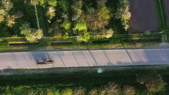 Pair of horses pulls a wooden cart with people. Rural landscape.