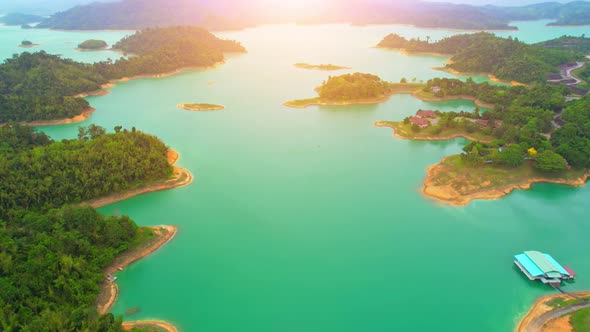 Aerial view of the lake among mountains and many islands.