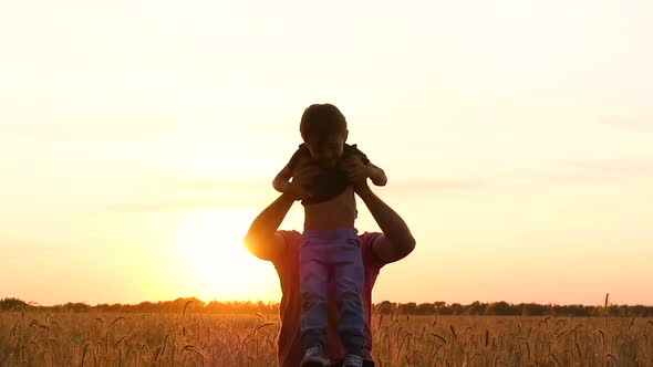 A Happy Father Throws Up His Son in a Wheat Field During Sunset, in Slow Motion.