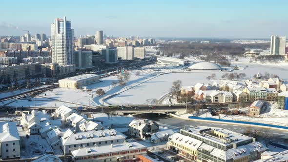 Snow-covered city center of Minsk from a height. The upper city. Belarus