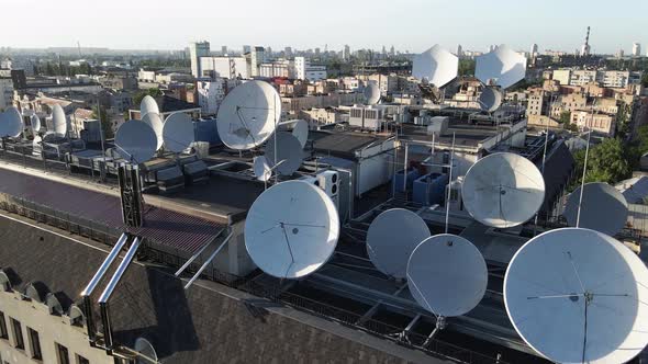 TV Antennas on the Roof of the Building. Aerial. Kyiv, Ukraine