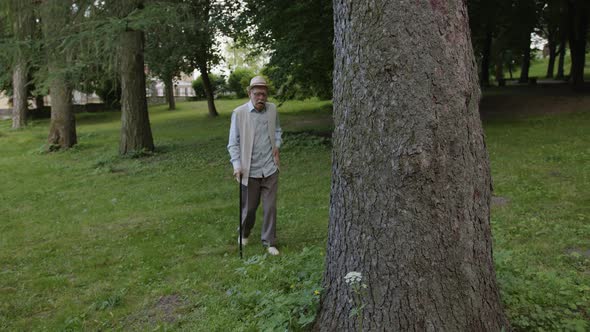 Old Man Leans on a Tree Because of Heart Pain