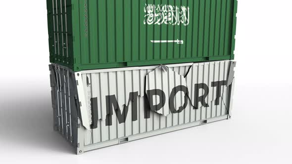 Container with Flag of Saudi Arabia Breaks Container with IMPORT Text alt