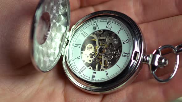 Pocket Watch in Male Hand, Minutes of Human Life, History. Time Passing By