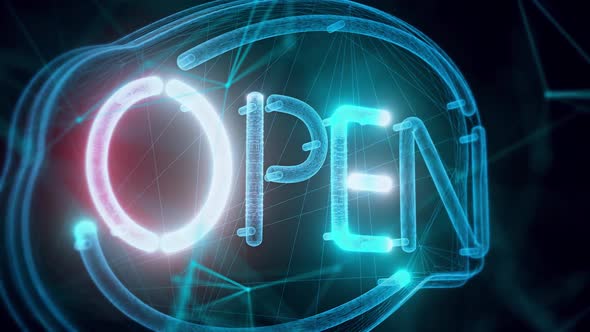 Neon Digital Cyber Open Sign Hologram Close Up Hd