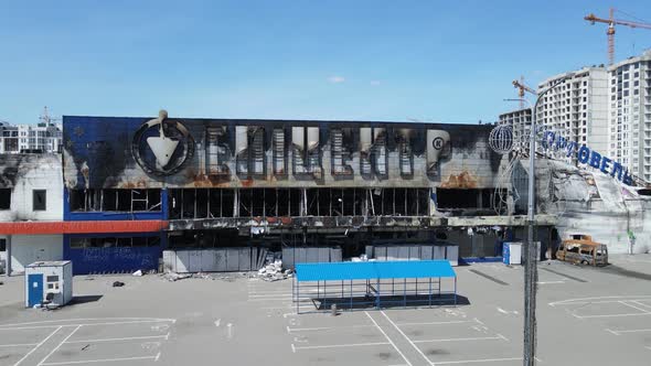 Wartorn Building of a Shopping Center in Bucha Ukraine