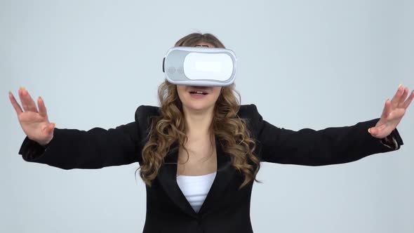 Happy Young Woman with Virtual Reality Headset or 3d Glasses, Slow Motion