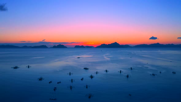 Sail Boats at Sunset on the Sea Lagoon on Corong Beach in El Nido, Palawan, Philippines