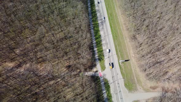 Aerial view on road driveway with bicycle lane