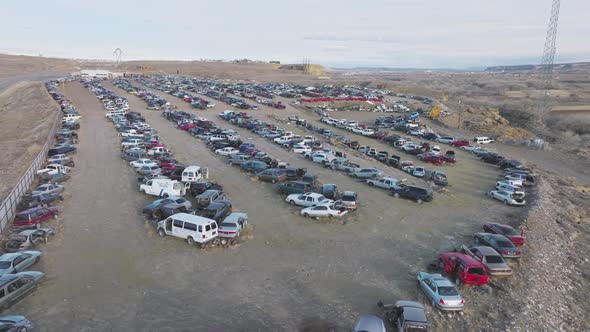 Massive Dense Car Dump in Empty Abandoned Terrain As Seen From Above