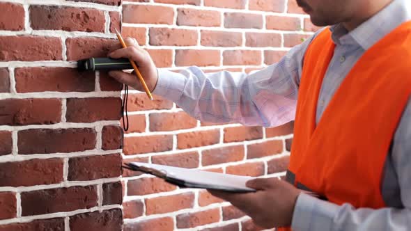 A builder engineer makes measurements of the premises in the building.