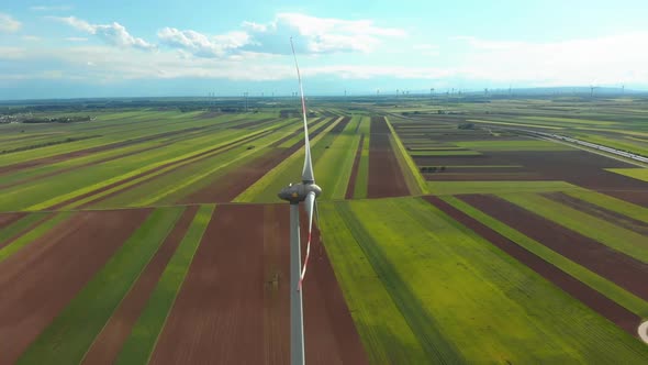 Aerial View of Wind Turbines Farm in Field. Austria. Drone View on Energy Production