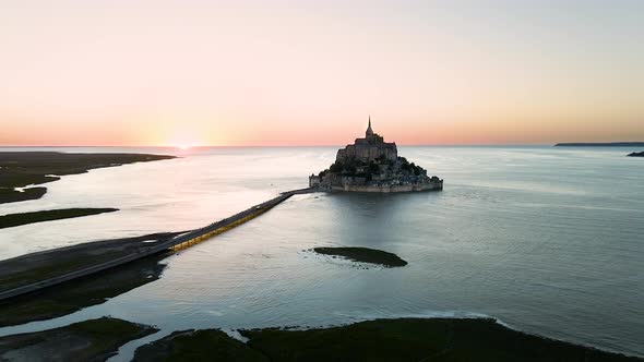 Sunset on Mont-Saint-Michel in France. Seen from above.