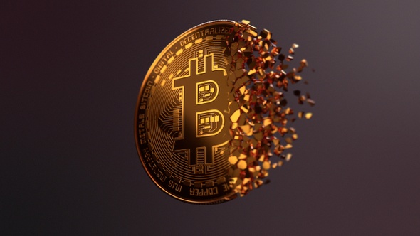 Golden Bitcoin reveals from particles.