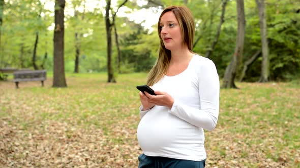 Young Pretty Pregnant Woman Works on Smartphone and Smiles in Park