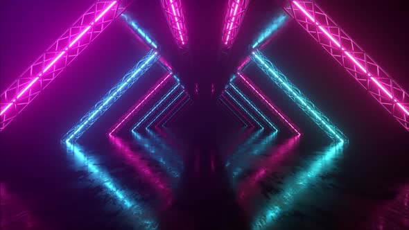 Abstract Neon Background Flying Forward Through the Corridor Glowing Pink Blue Lines Appear