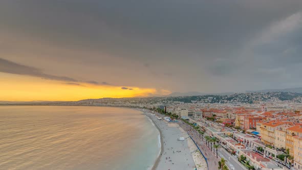 Sunset Over Nice City and Mediterranean Sea Aerial Timelapse