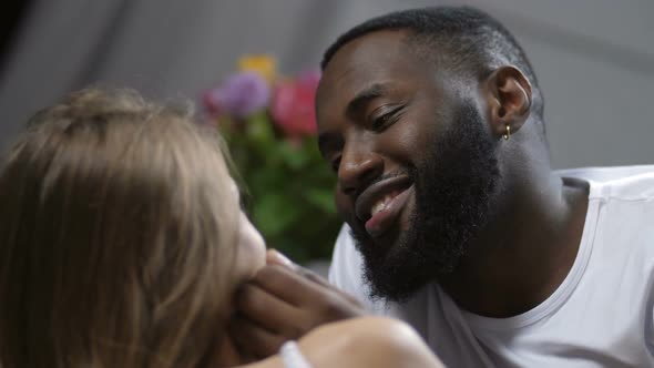 Close Up Smiling Man Caressing Beloved Woman