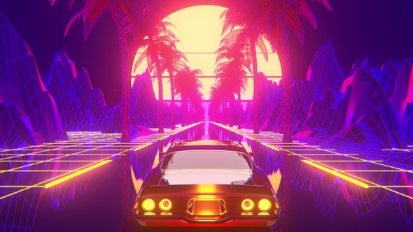 Retro neon Background with Car