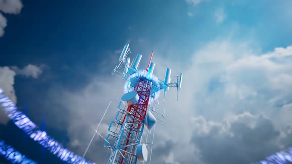 Cell phone tower emits 5G signals. The antenna transmits electromagnetic waves.