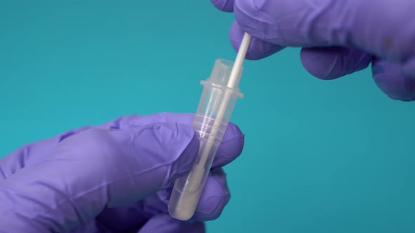 Doctor or Nurse Insertig a Swab Into an Extraction Tube in the Process of a Antigen Test