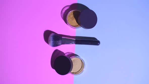 Make Up Concept. Top View of Makeup Brush with Face Powder