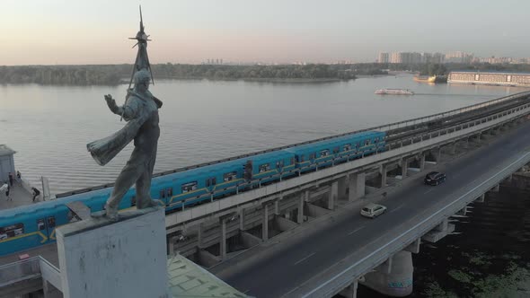 Aerial View of the Metro Bridge. Station Dnipro. Kyiv, Ukraine.