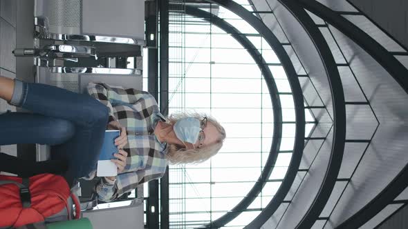 Vertical Portrait of Female Passenger in Medical Mask Waiting for Train at Railway Station