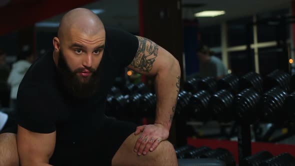 Tattooed Muscular Male Athlete Doing Dumbbell Exercises, Working Out in Gym