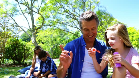 Father and daughter blowing bubble with bubble wand at picnic in park