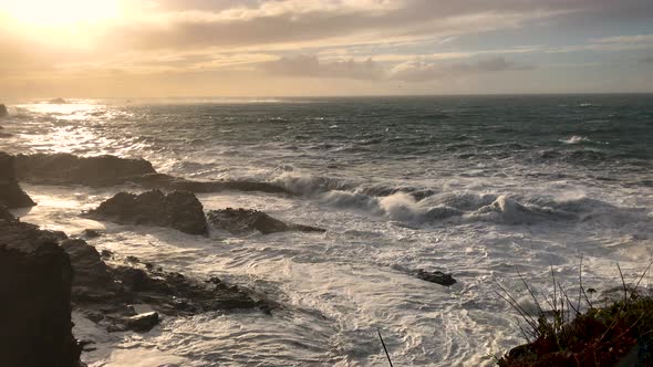 Stormy weather and monster waves in December at Shore Acres State Park near Coos Bay at the Oregon C