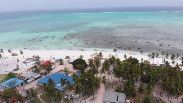 Lot Fishing Boats Stuck in Sand Off Coast at Low Tide Zanzibar Aerial View