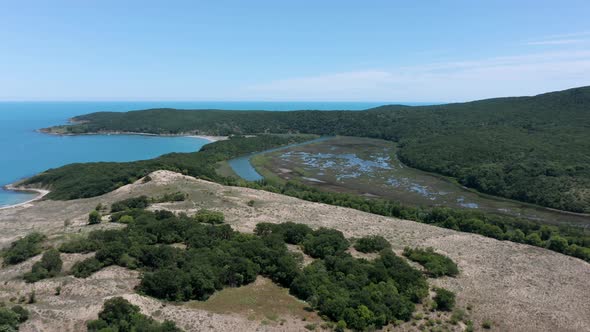 Drone flight above a picturesque river valley