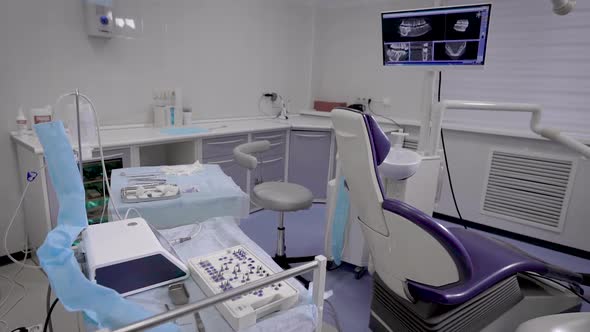 Moving Shot of Interior of Office of Dental Clinic with New Modern Equipment Without People